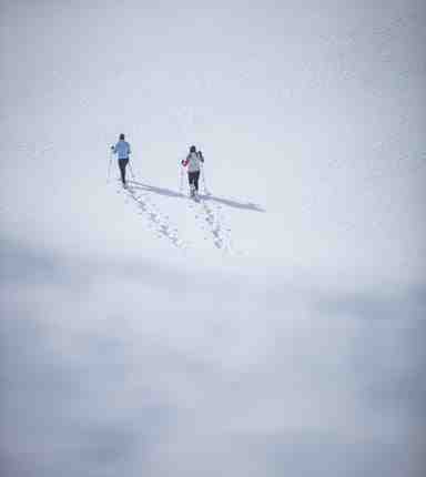 Due persone camminano con le ciaspole attraverso un paesaggio innevato e avvolto dalla nebbia